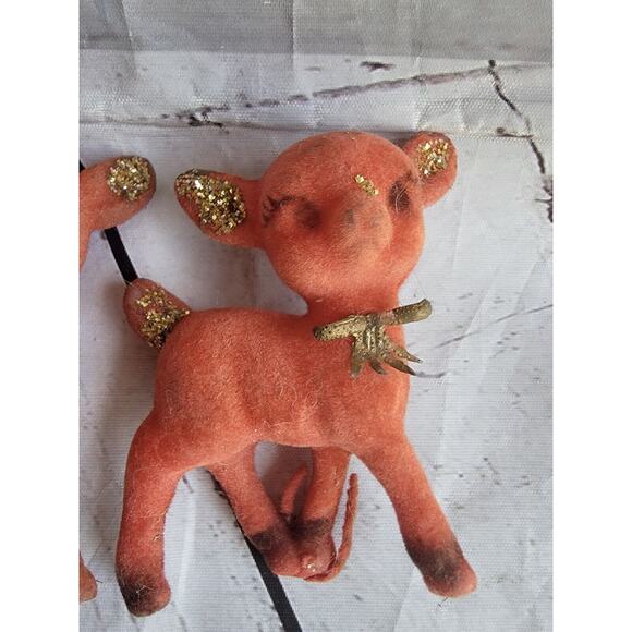 Vintage Flocked Santa Claus 2deer Figuresgold Glitter Made Hong Kong READ - Picture 3 of 11